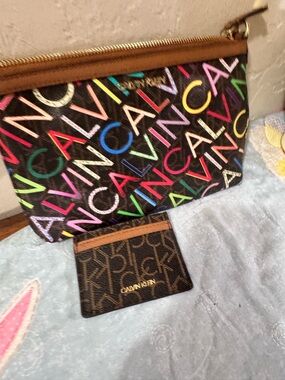 Y2K Calvin Klein Black crossbody with Multicolor Logo and Brown Card Holder